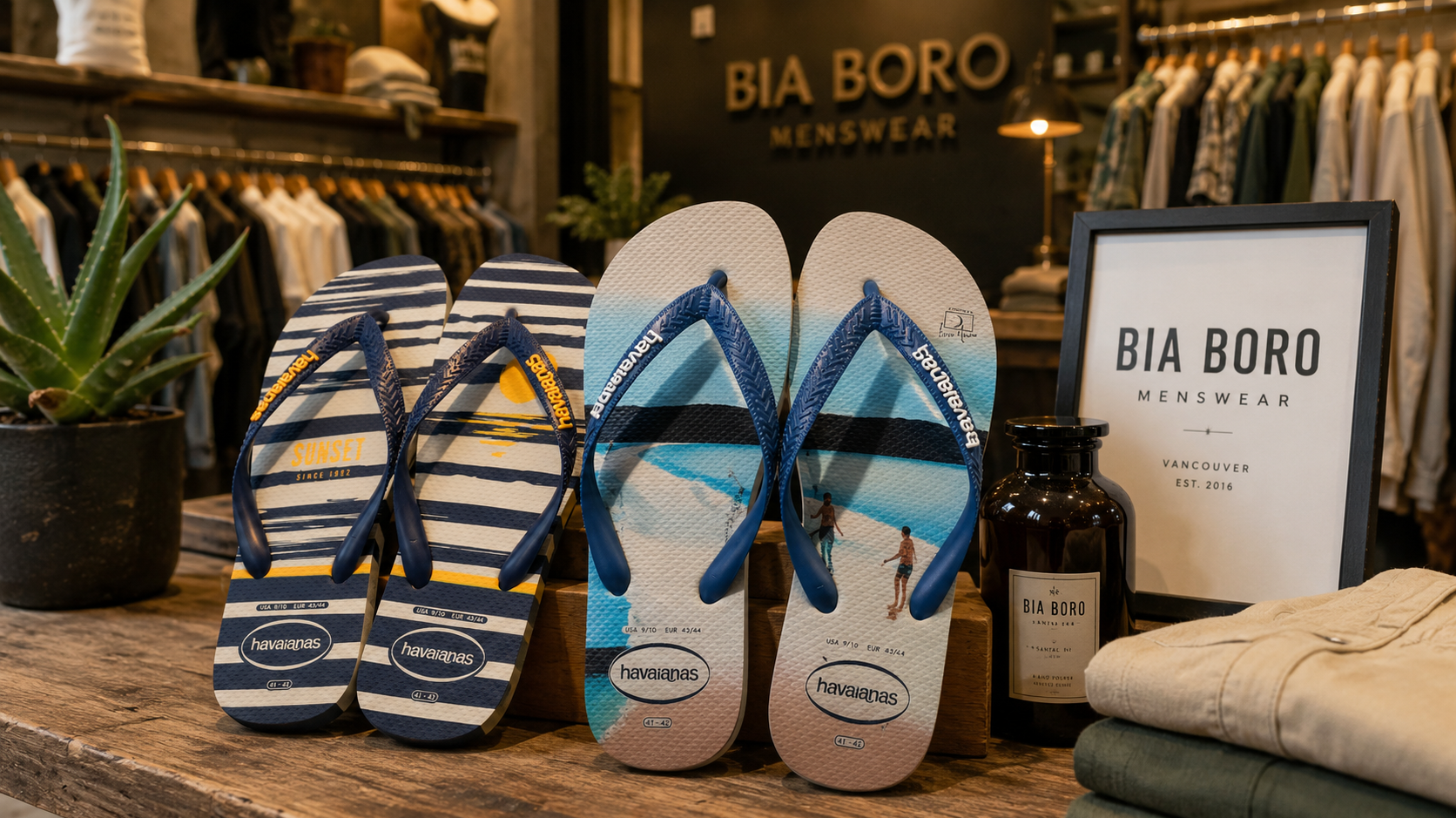 Havaianas sunset stripe and surf print flip flops displayed in-store at Bia Boro Menswear Gastown Vancouver with solid cologne and folded clothing in background