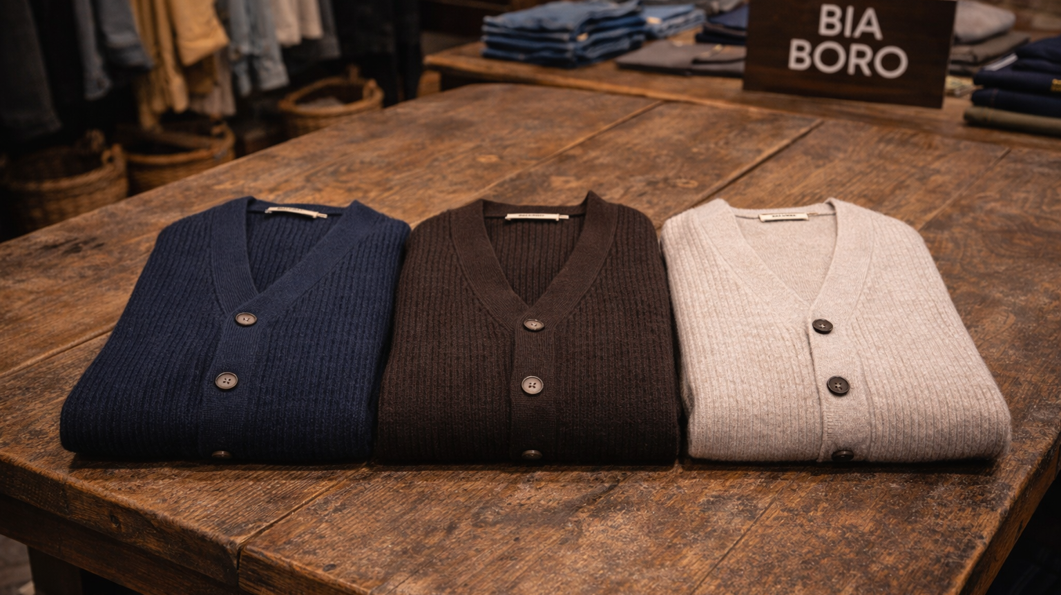 Folded men's cardigans in navy, chocolate brown, and cream at Bia Boro menswear boutique