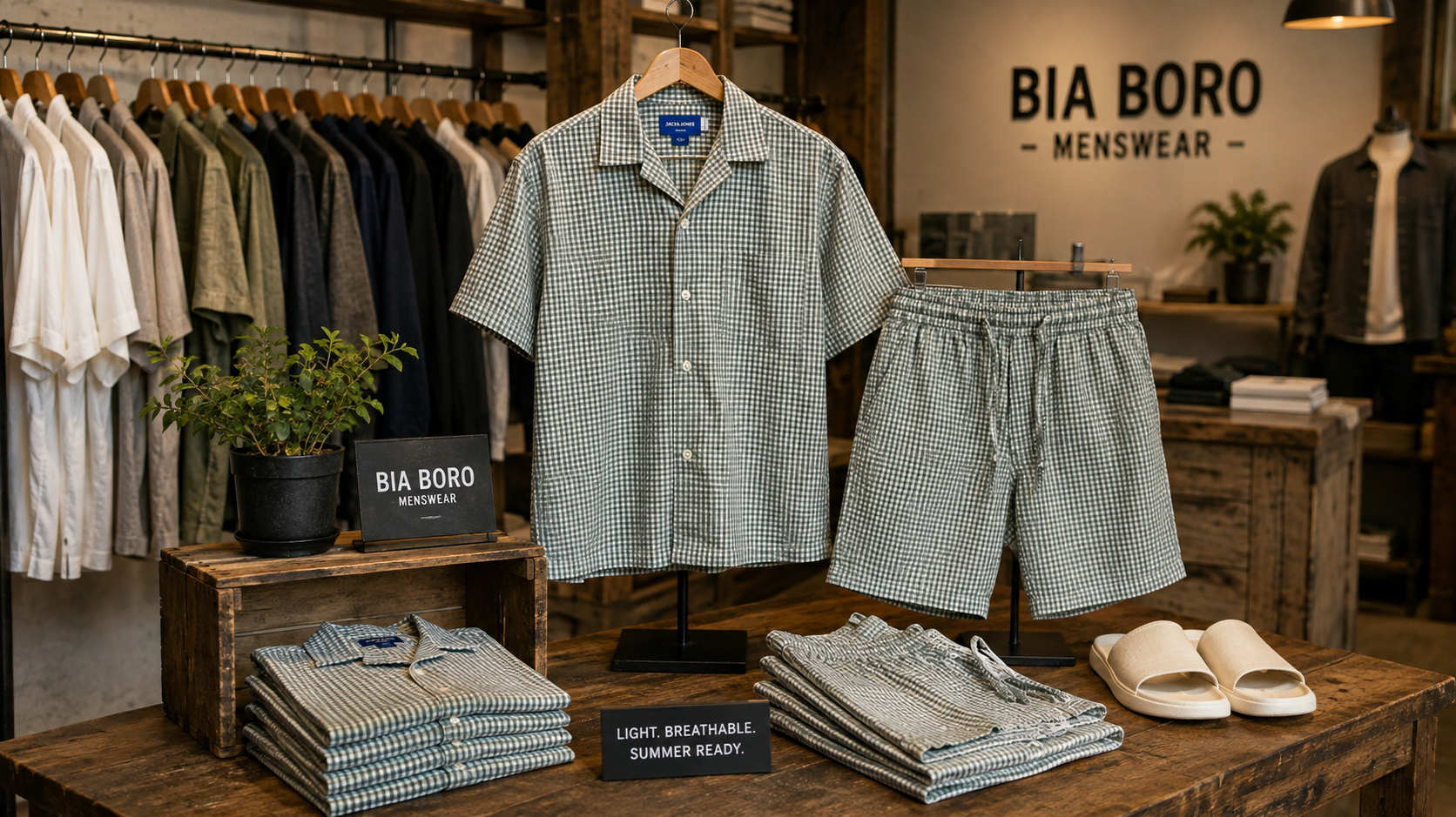 The Palma Set on display at Bia Boro Menswear, checkered shirt and matching shorts with slides