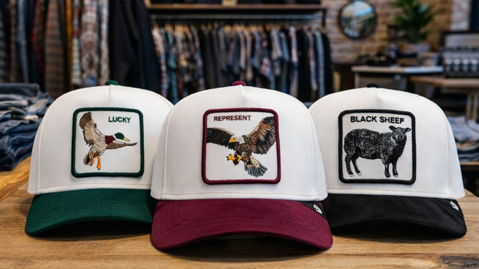 Three Goorin Bros. trucker hats with duck, eagle, and sheep patches sit on a wooden table in a Bia Boro boutique. White crowns with green, maroon, and black brims.