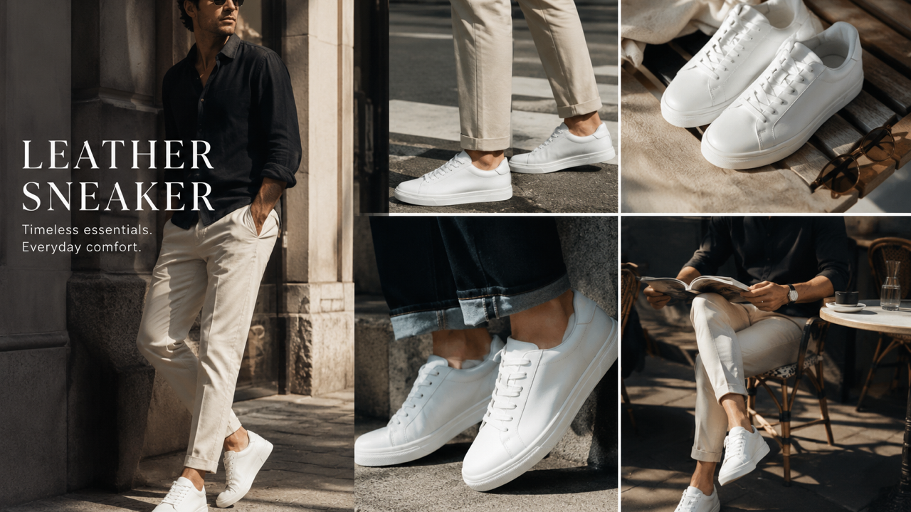 Bia Boro Menswear leather sneaker collection — white and black minimalist leather sneakers for men styled in multiple outfit contexts