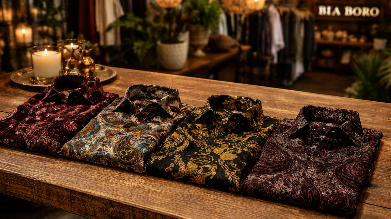Bia Boro Menswear patterned men's dress shirts in rich jewel tones folded on wooden table inside boutique shop from men's dress shirts collection in Vancouver Canada