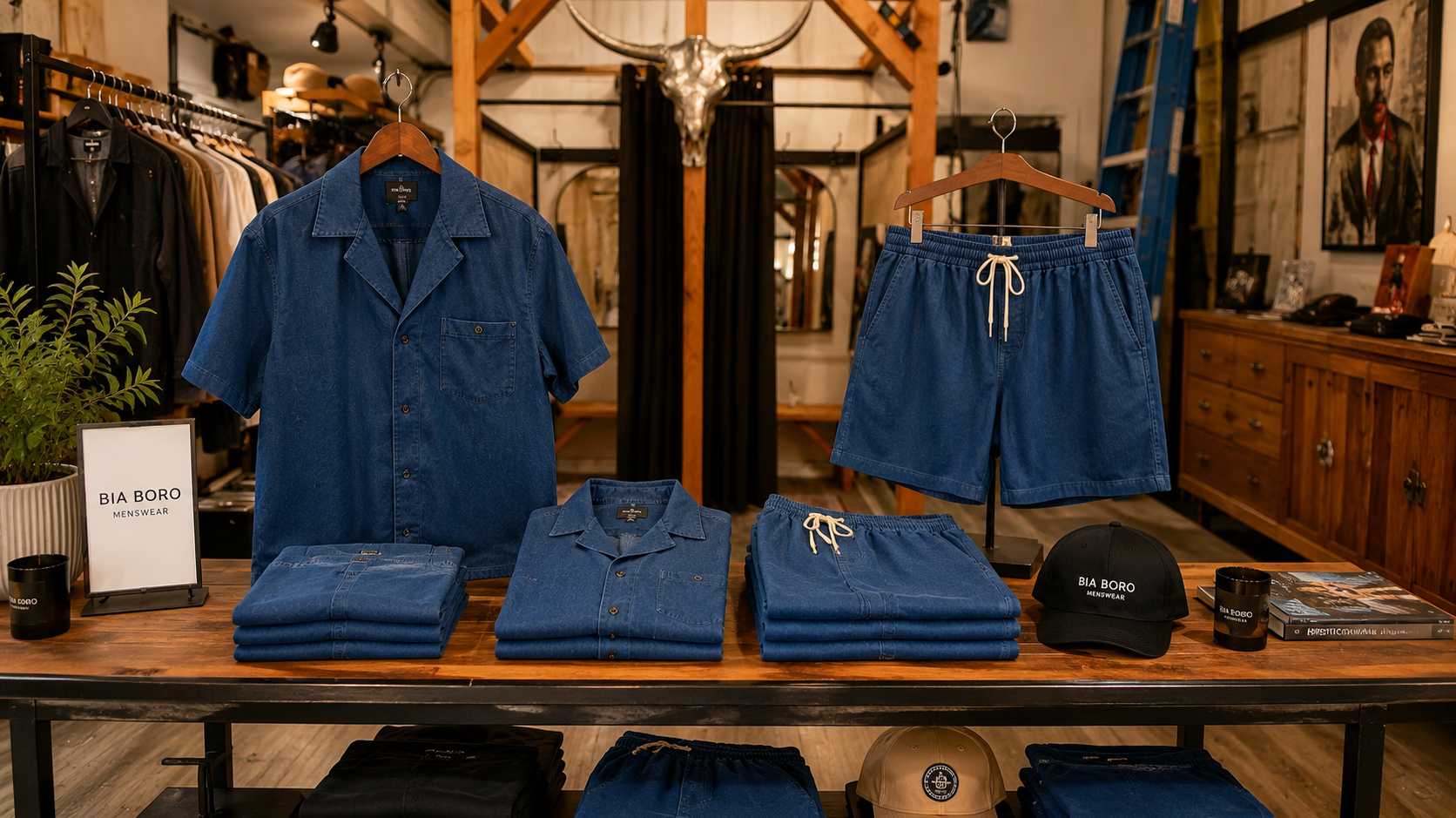 Bia Boro Menswear Cuban Denim short sleeve button-up shirt and matching shorts displayed inside the Gastown Vancouver menswear boutique.