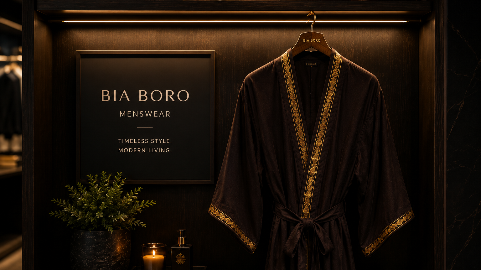Bia Boro Menswear luxury men's kimono robes showcased in a premium boutique display for modern lifestyle fashion.