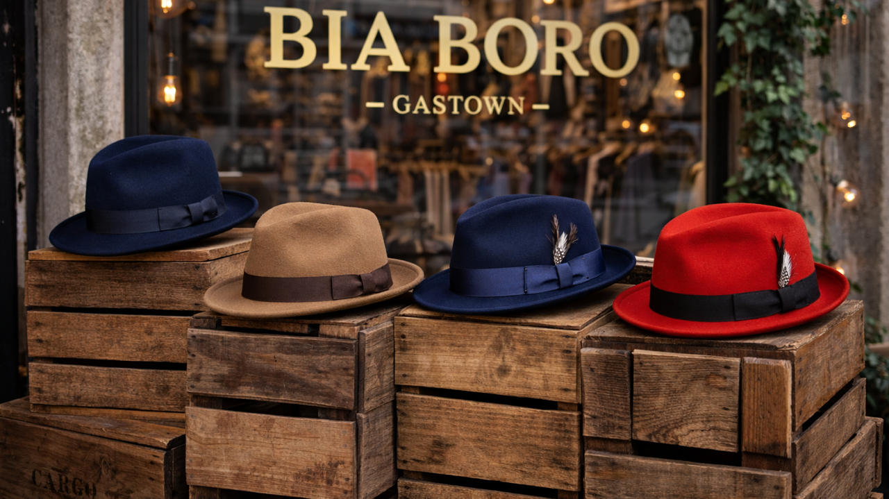 A curated collection of men's premium wool fedora hats in navy, camel, and red, arranged on a dark wood shelf above tailored suits and dress shirts in a gentleman's wardrobe