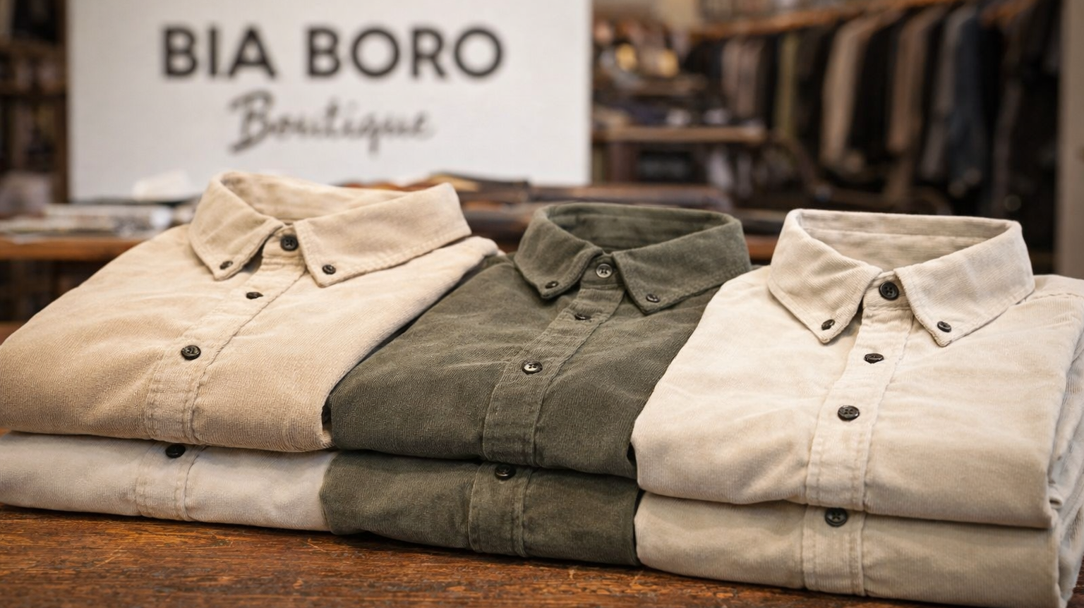 Bia Boro Menswear corduroy shirts in cream, olive, and beige – versatile colors for any occasion