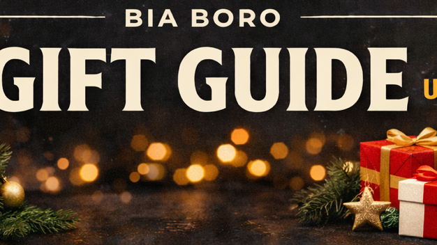 Bia Boro Menswear gift guide 10 gifts under 100 dollars holiday shopping banner with Christmas presents wrapped ribbons and festive ornaments in Vancouver