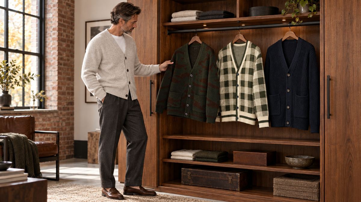Man selecting from patterned, checkered and navy cardigans in a closet display