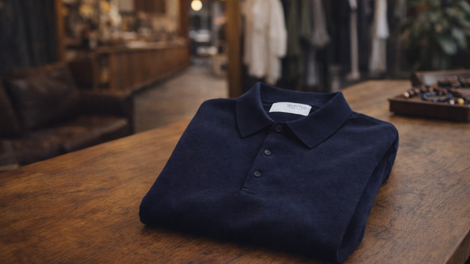 Berg Polo Shirt navy flat lay display at Bia Boro Menswear – organic cotton knit texture on wooden table with store interior