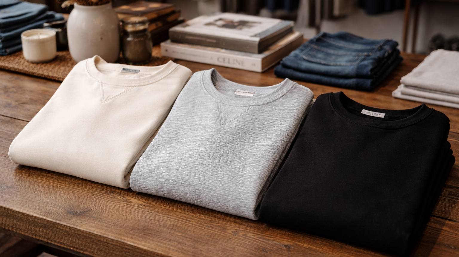 Bia Boro Menswear folded crew neck men's sweaters in cream grey and black displayed on wooden table with books home decor accessories styling at Vancouver boutique