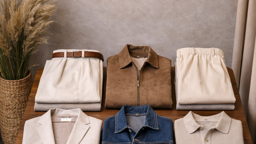 Biaboro Menswear Spring 2026 collection displayed on table with jackets and trousers.