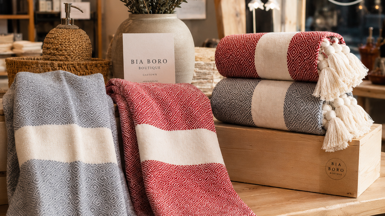 Bia Boro Boutique Gastown — Turkish beach towels in red and grey with tassel fringe displayed in-store Vancouver