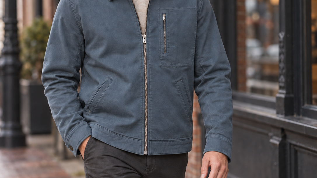 Man wearing the DUER Stretch Canvas Utility Jacket in Slate on a Gastown sidewalk