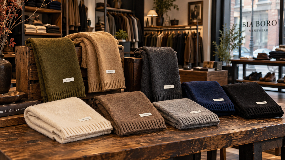 100% wool scarves for men in olive, tan, charcoal, navy, black and oatmeal at BIA BORO Menswear, Gastown
