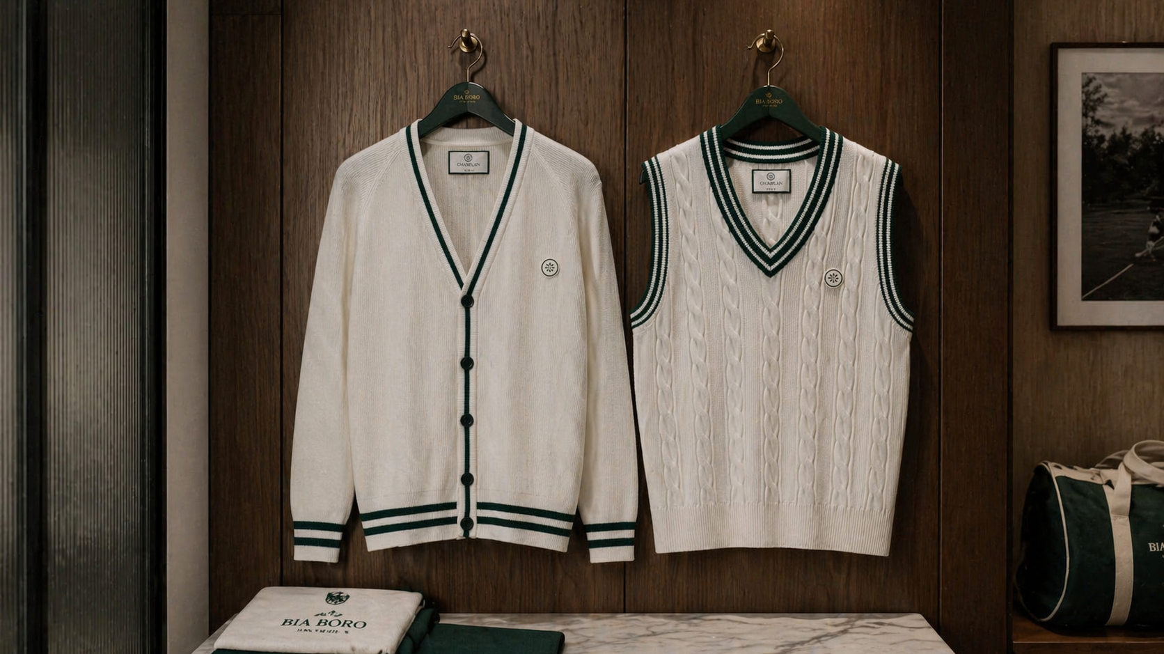 Champlain Knit Cardigan and Cable Knit Sweater Vest displayed side by side on wooden wall hangers — Bia Boro Menswear signature off-white and forest green collection