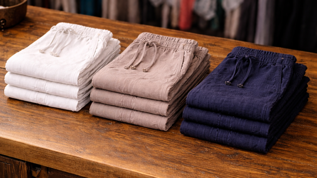 Three colorways of the Projek Raw linen blend drawstring pant — white, tabac, and navy — neatly folded in-store on a rustic wood surface at Bia Boro Menswear
