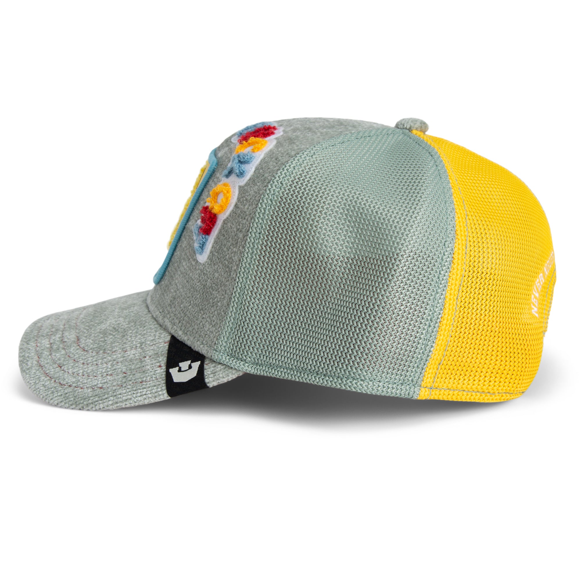 Gray and yellow cap with colorful design on a white background