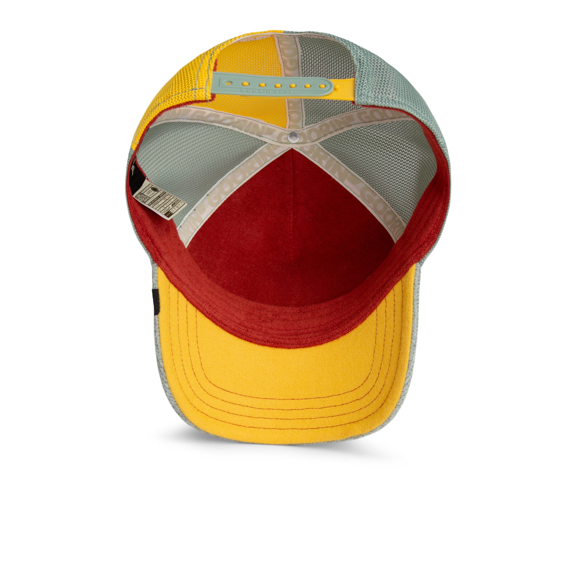Colorful baseball cap with a red brim and yellow bill on a white background