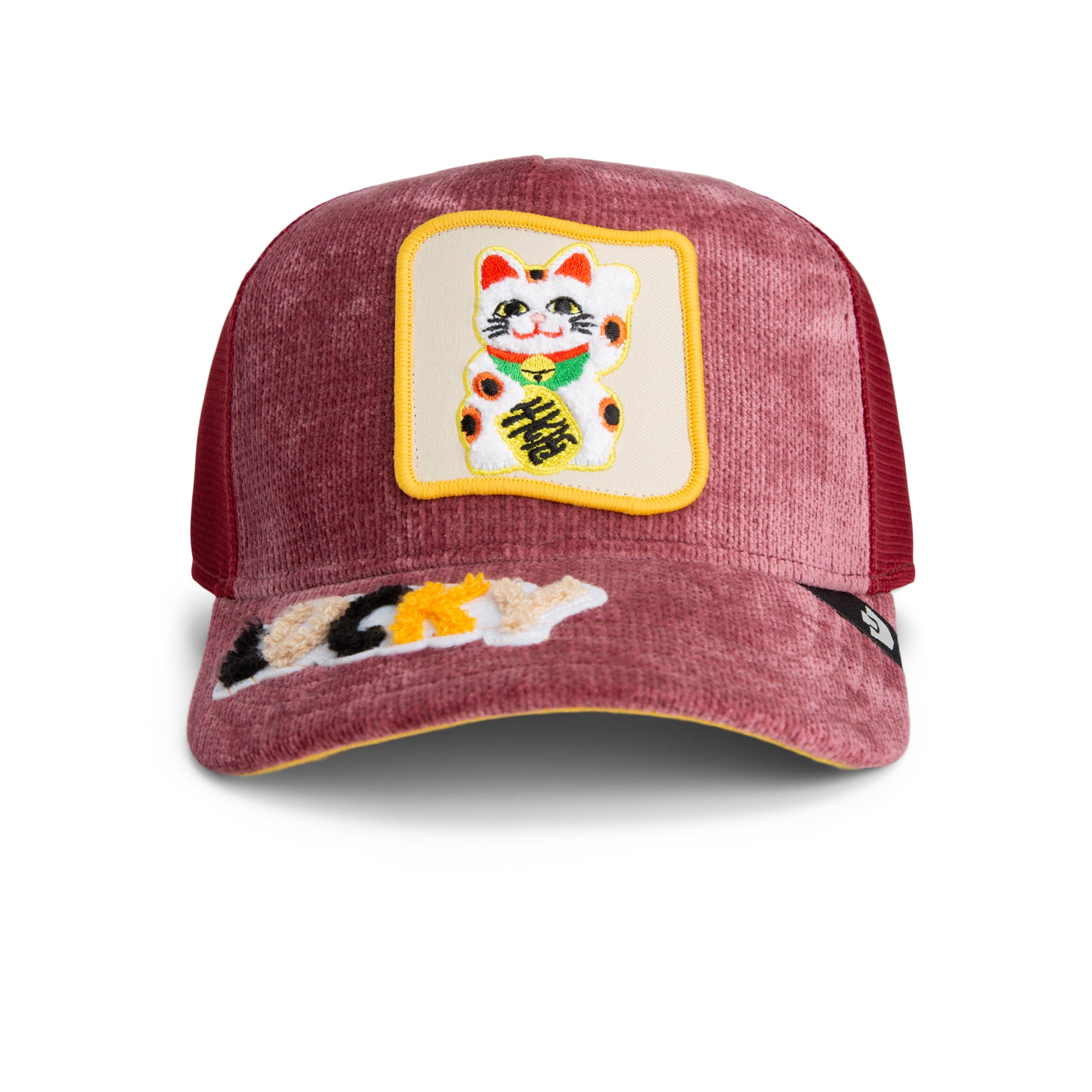 Red cap with a lucky cat design on a white background