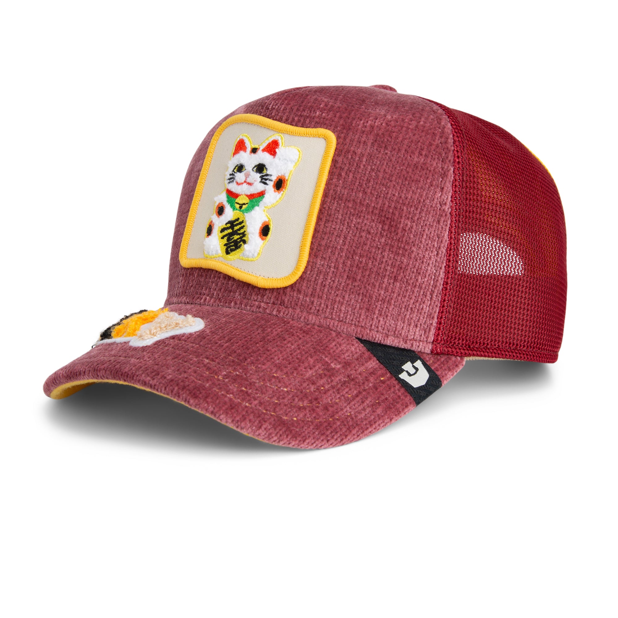 Maroon cap with a patch featuring a cat design on a white background