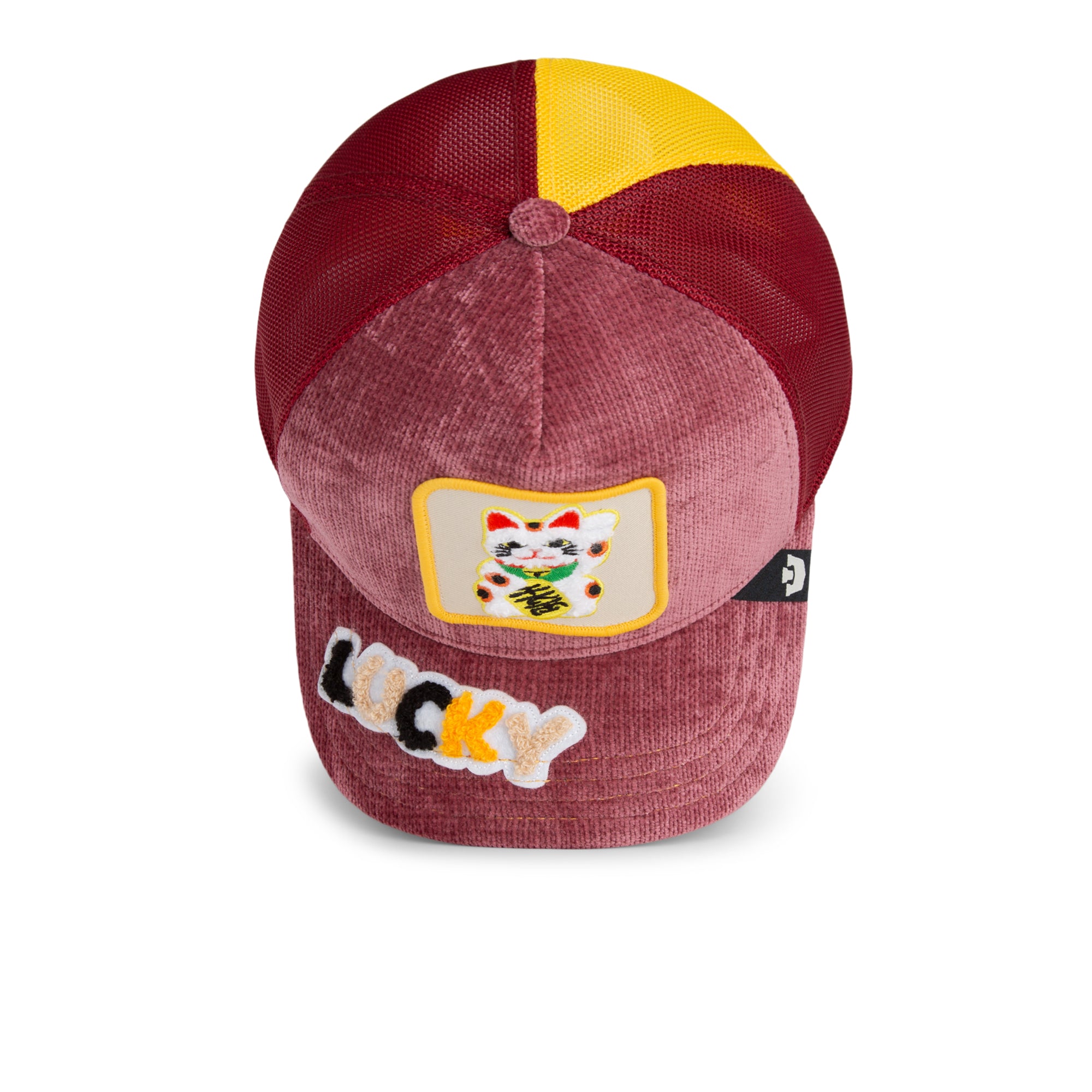Red cap with a cat patch and 'LUCKY' text on a white background