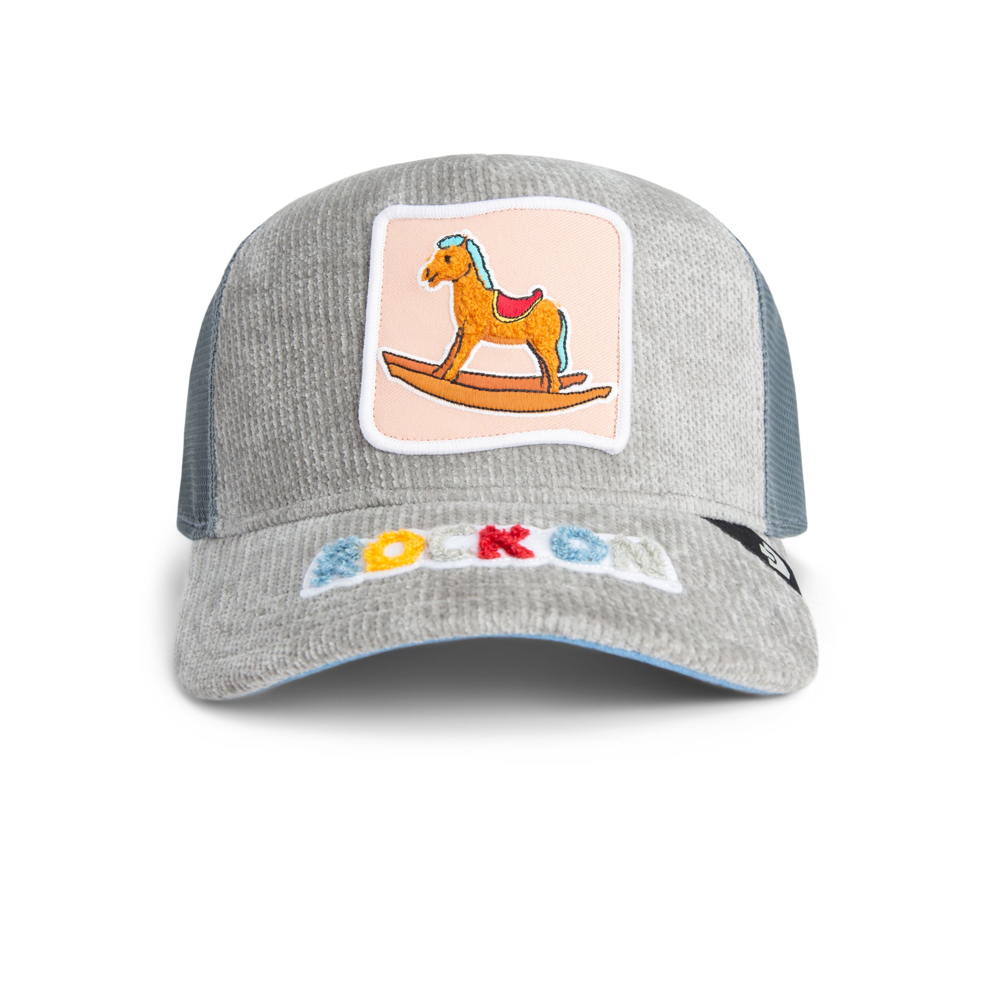 Grey corduroy trucker hat with rocking horse patch