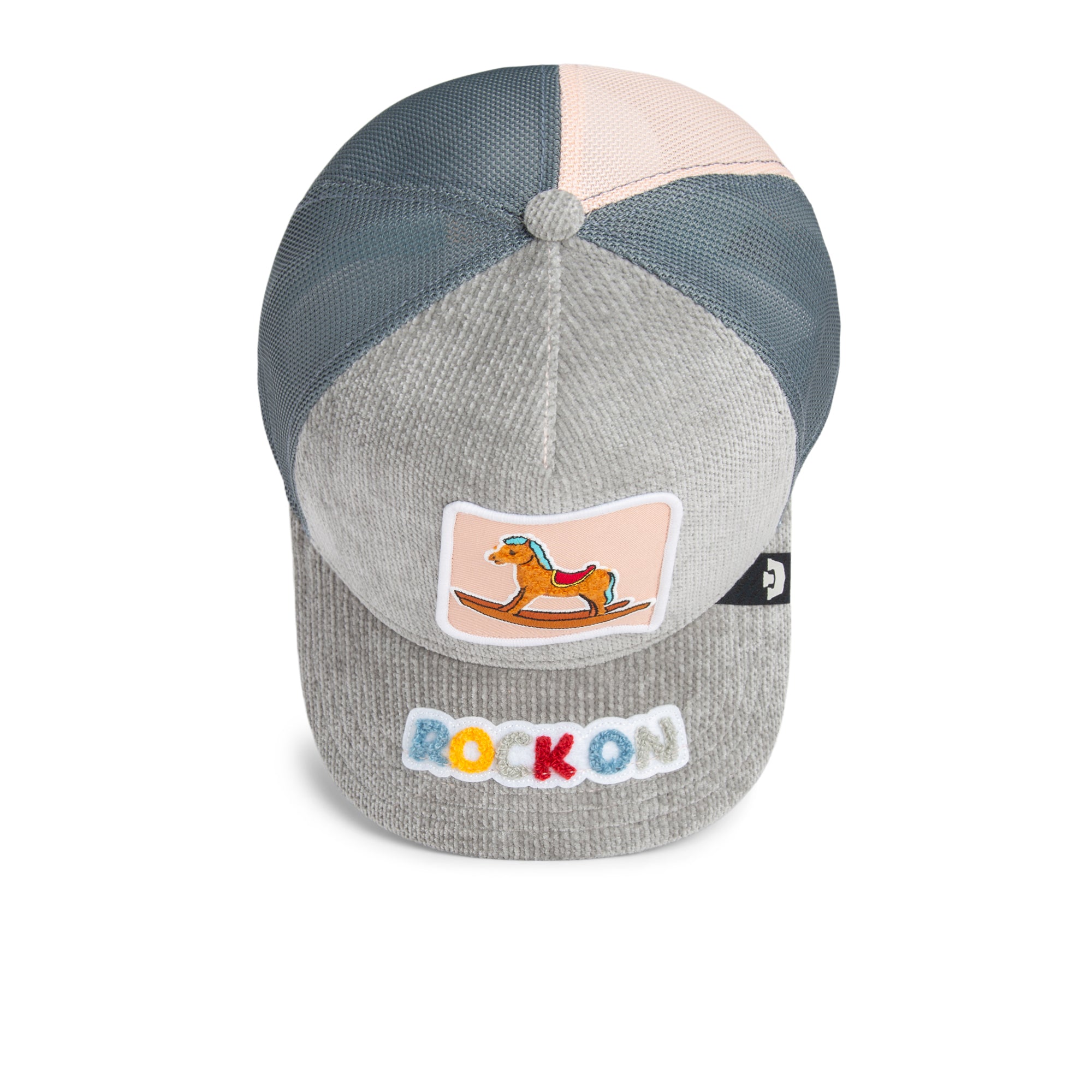 Grey corduroy trucker hat with colourful Rock On lettering