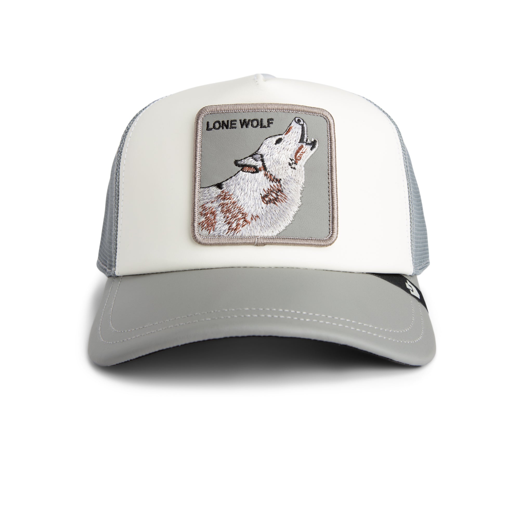 Trucker hat with a wolf patch and 'Lone Wolf' text on a white background