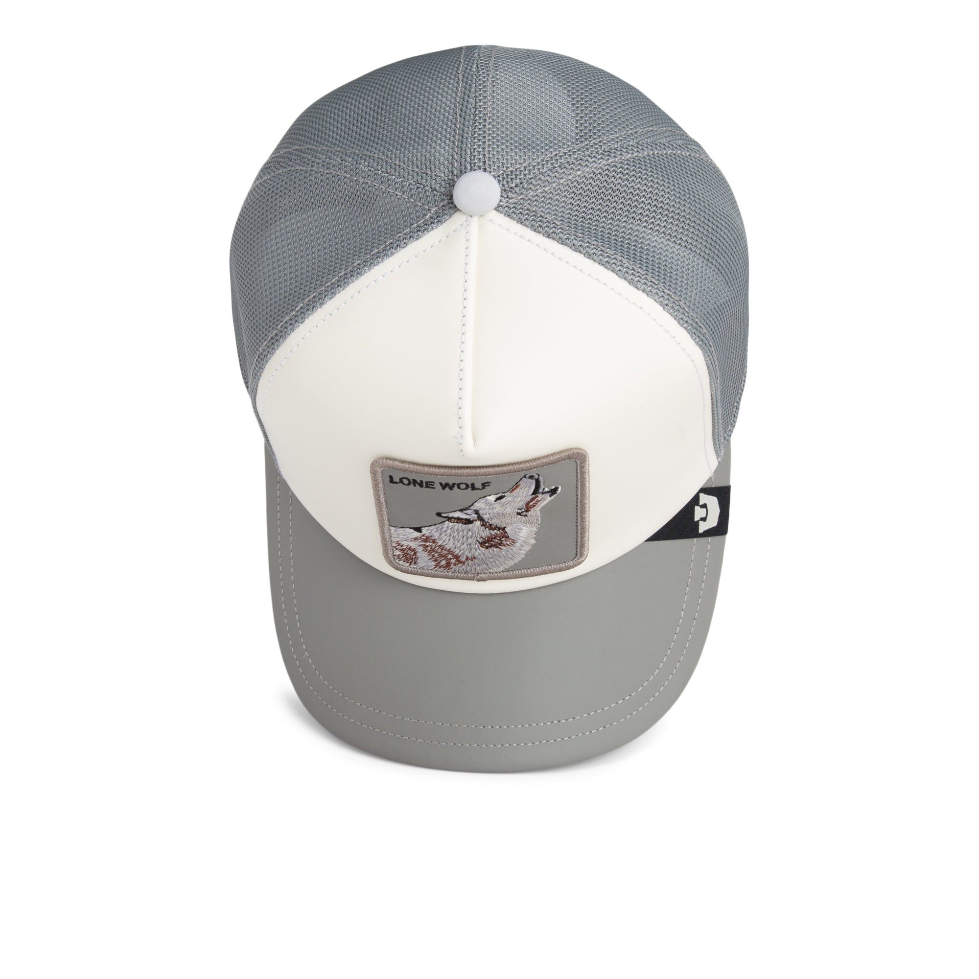 Gray and white cap with a wolf patch on a white background