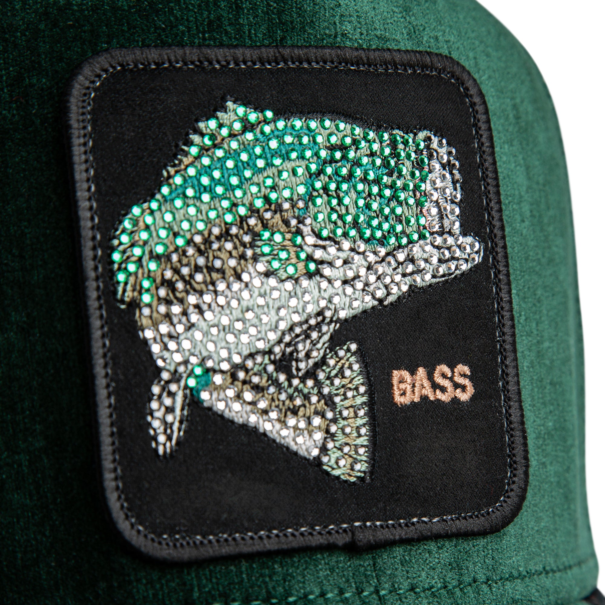 Bass fish patch with rhinestones on a green background