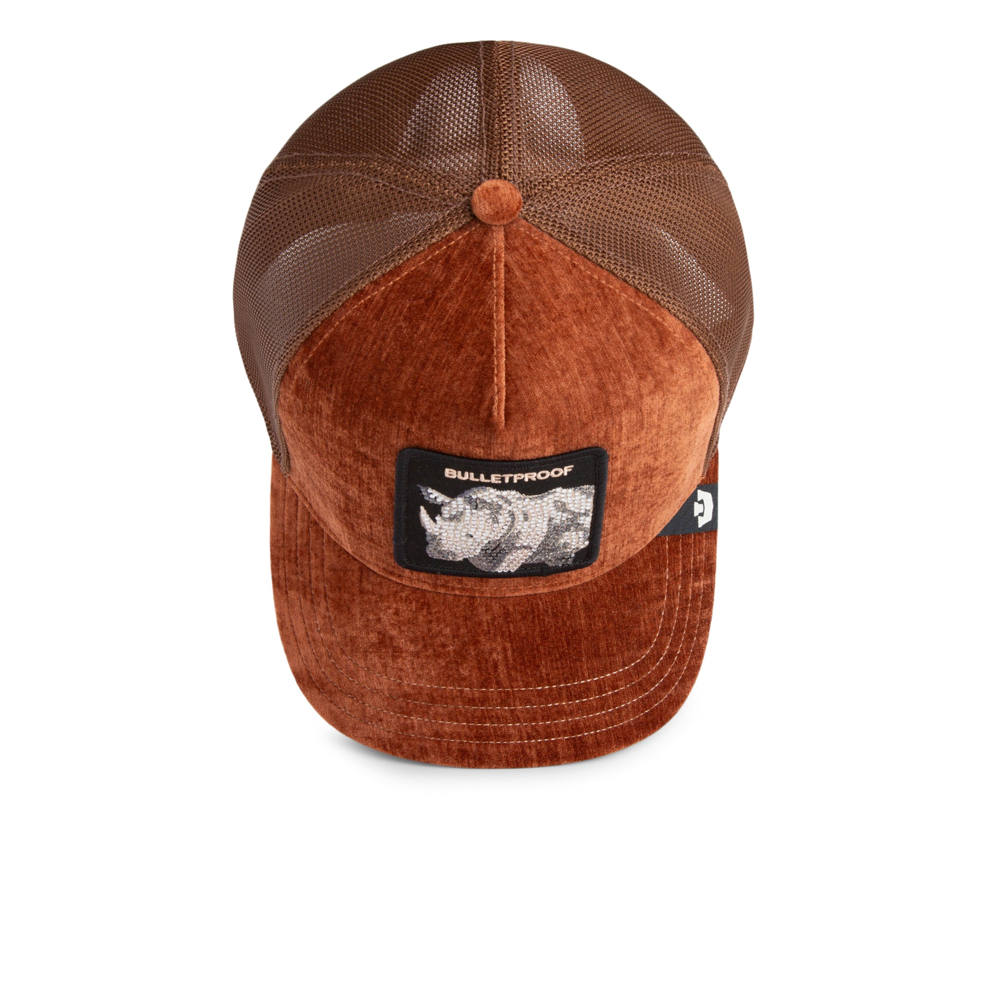 Brown cap with mesh back and Bulletproof patch on a white background