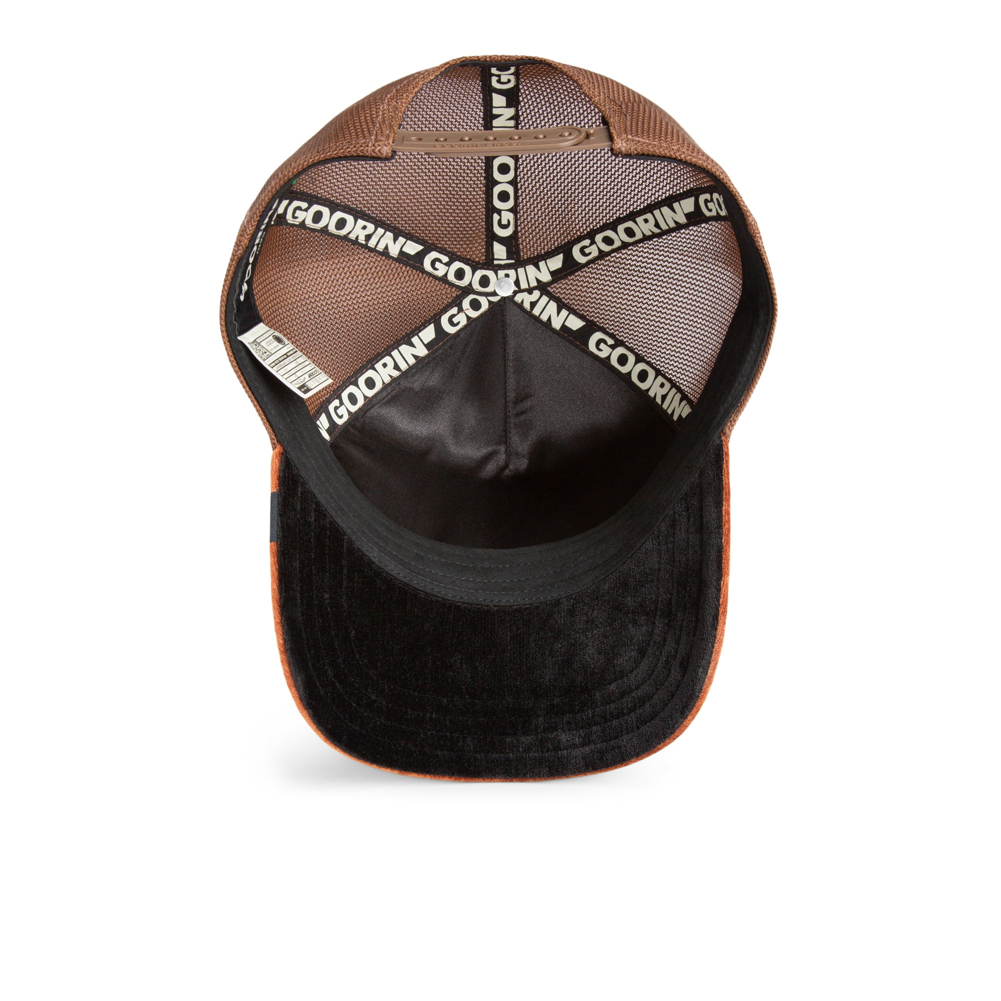 Black and brown cap with 'GOORIN' branding on a white background