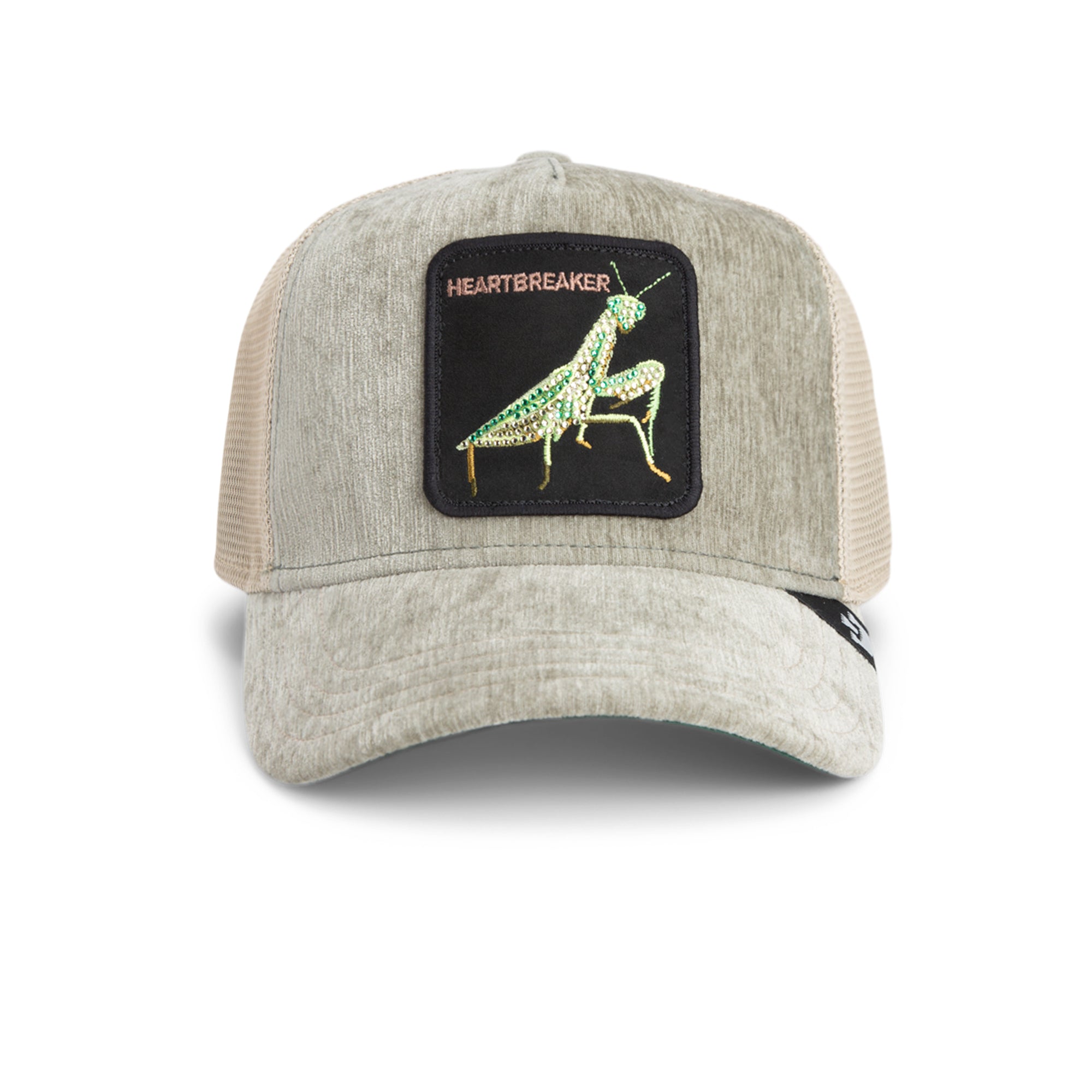 Gray cap with a praying mantis patch on a white background