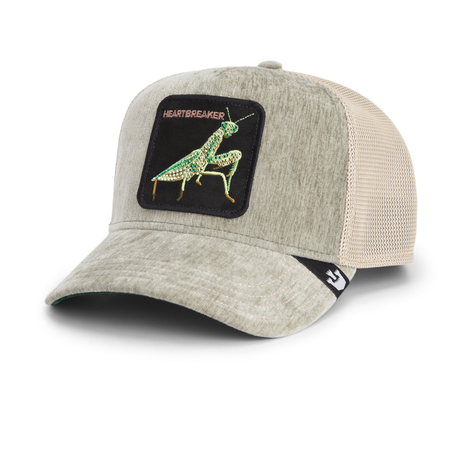 Gray and beige cap with a praying mantis patch on a white background