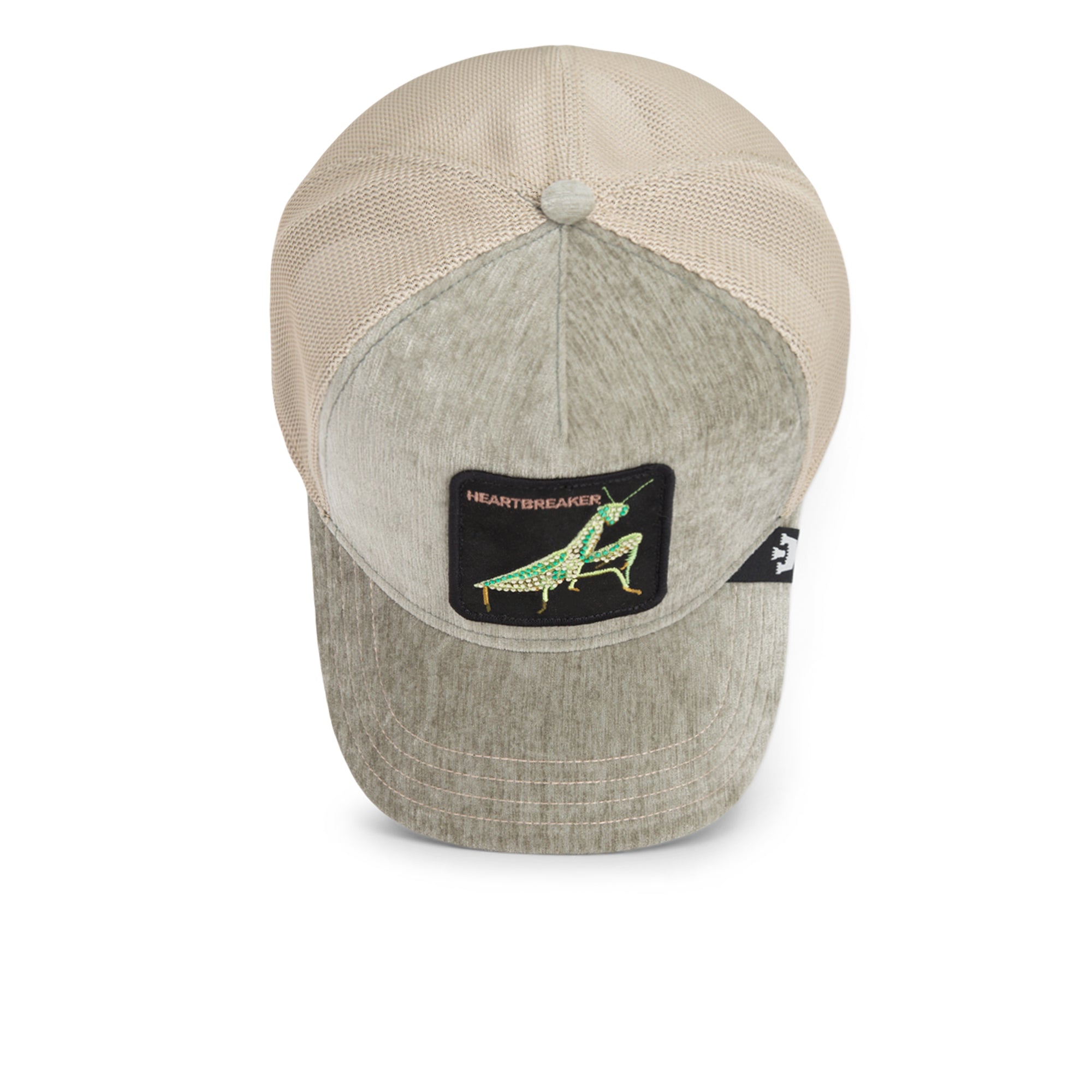 Beige and gray cap with a logo on a white background