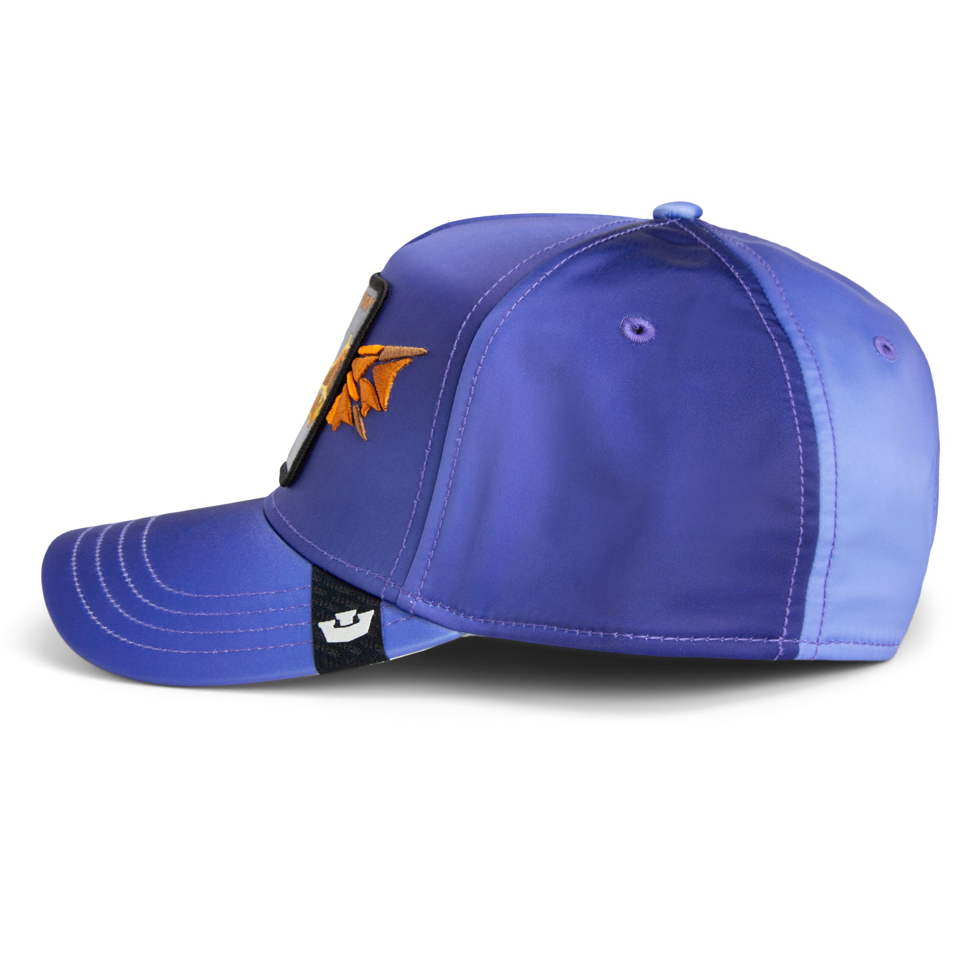 Blue baseball cap with a logo on a white background
