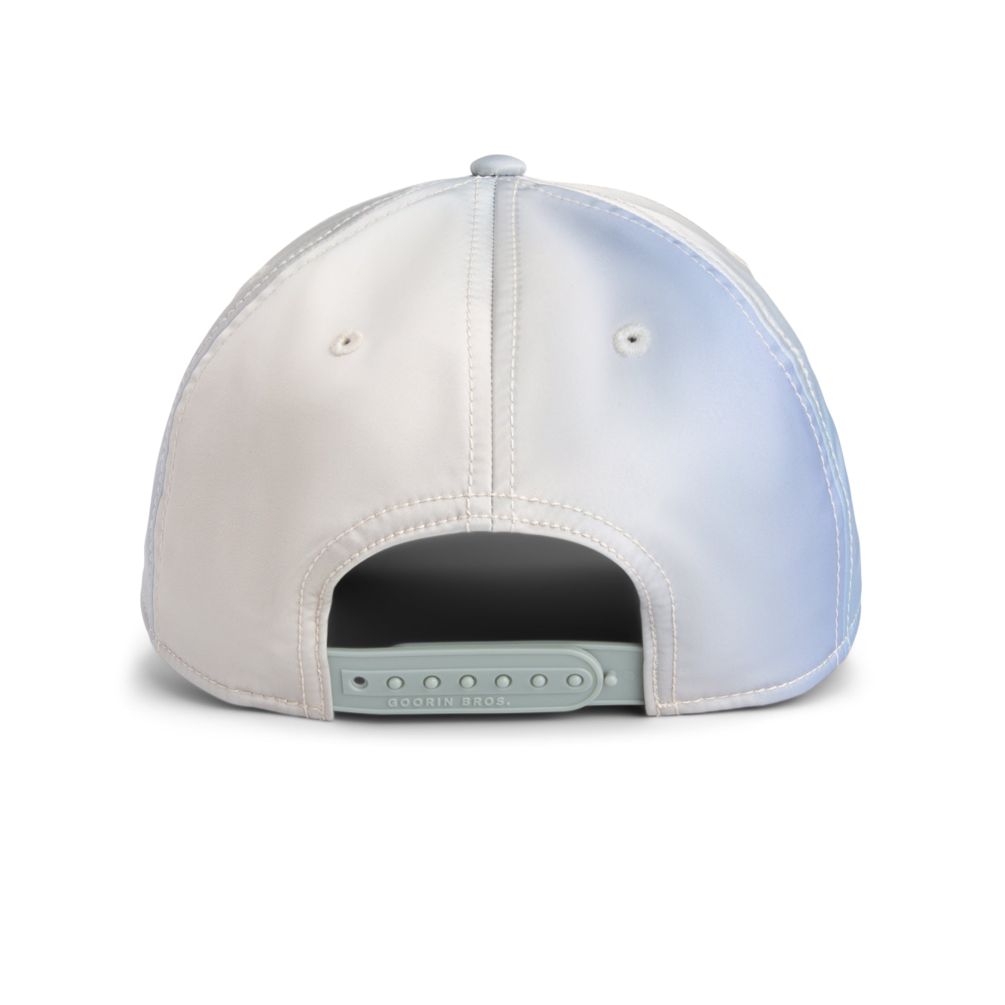 Back view of a cap with a white and light blue gradient on a white background