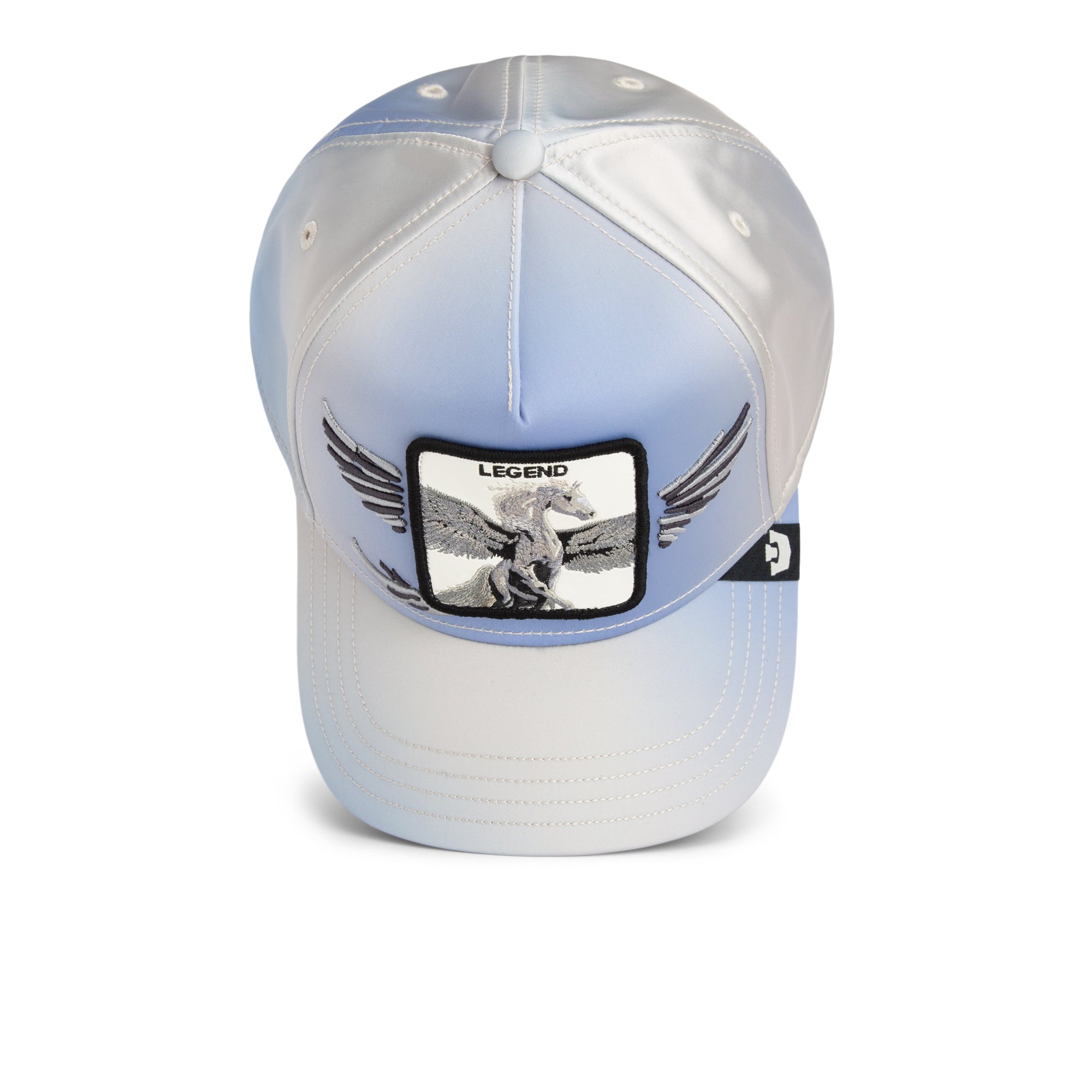 White cap with a logo featuring a horse and wings on a white background
