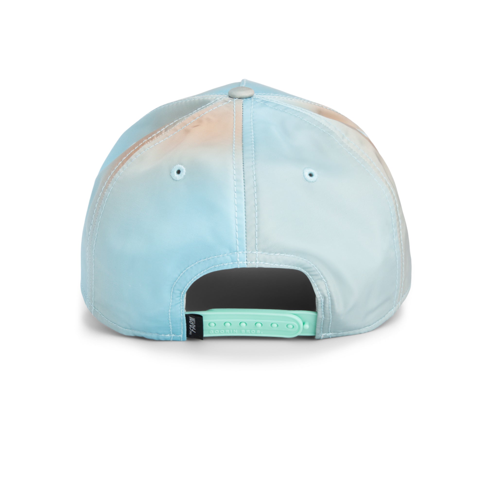 Colorful baseball cap with gradient design on a white background