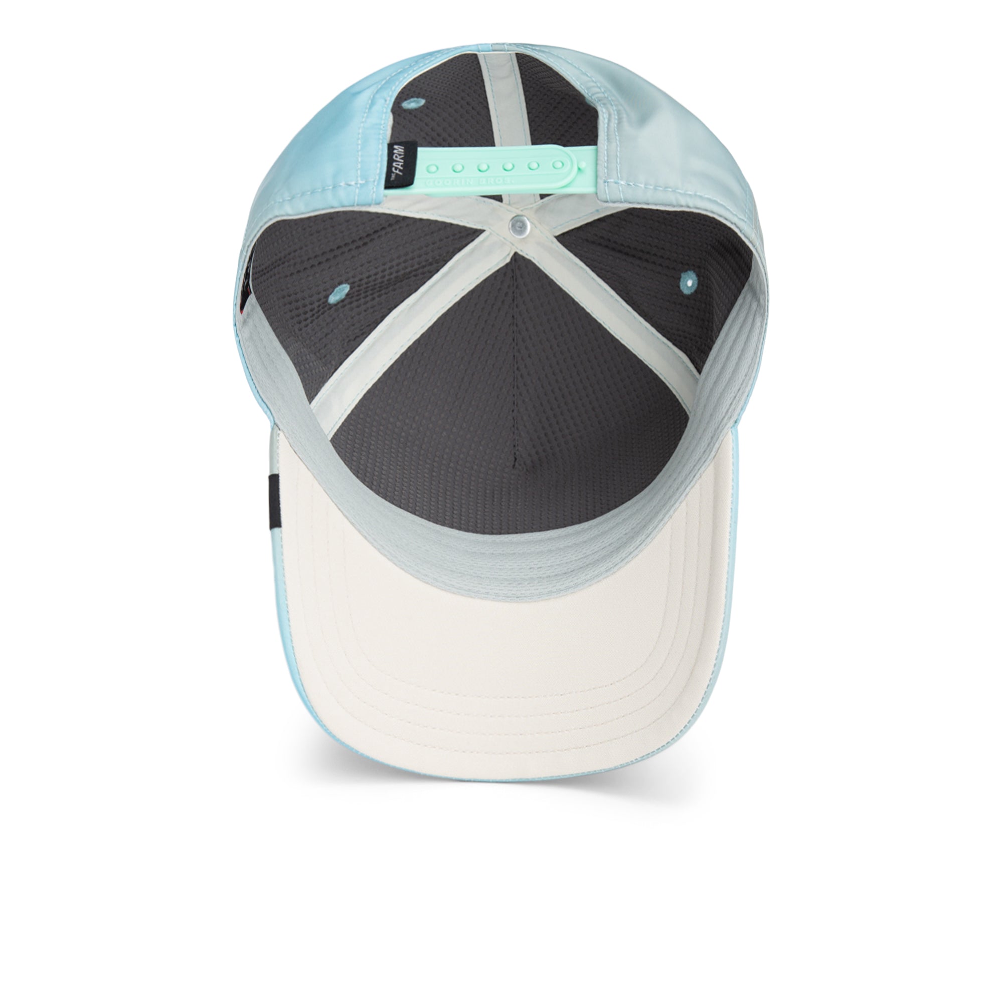 Back view of a cap with a light blue rim and white brim on a white background