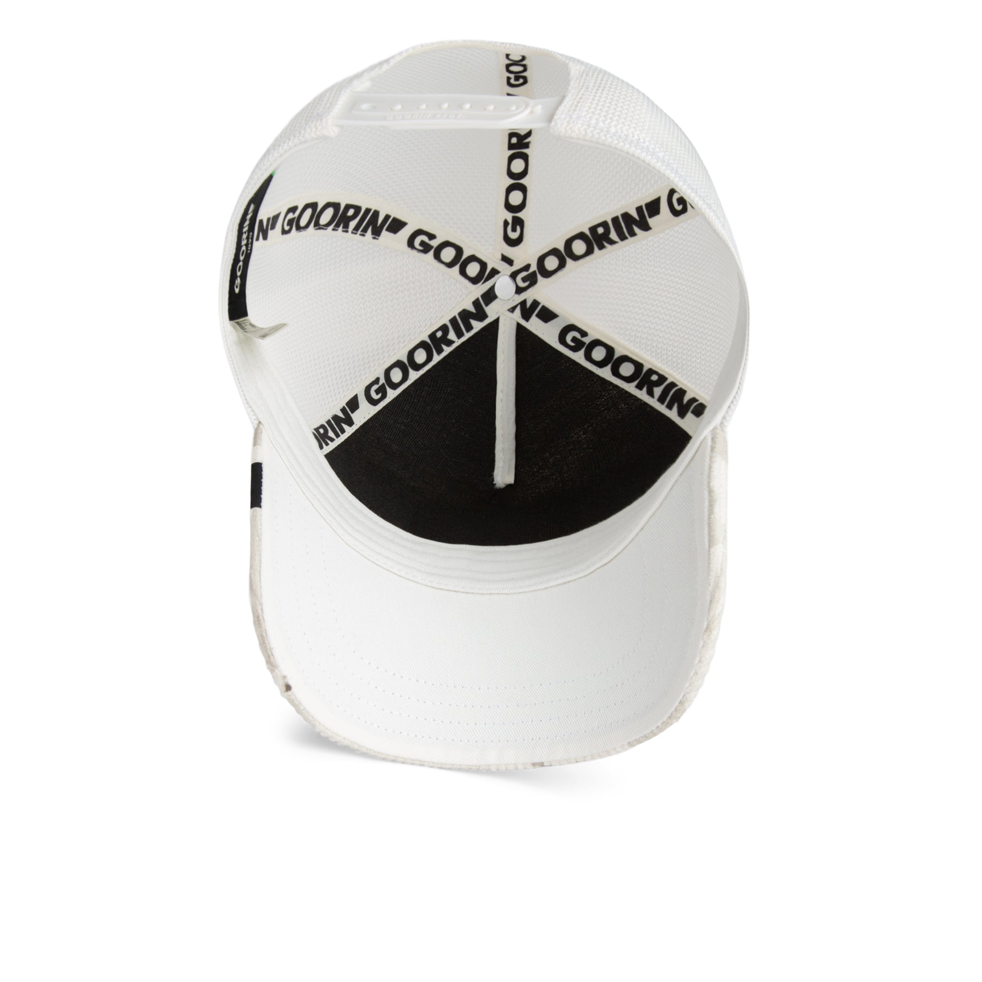 White cap with black accents and 'Goorin' branding on a white background