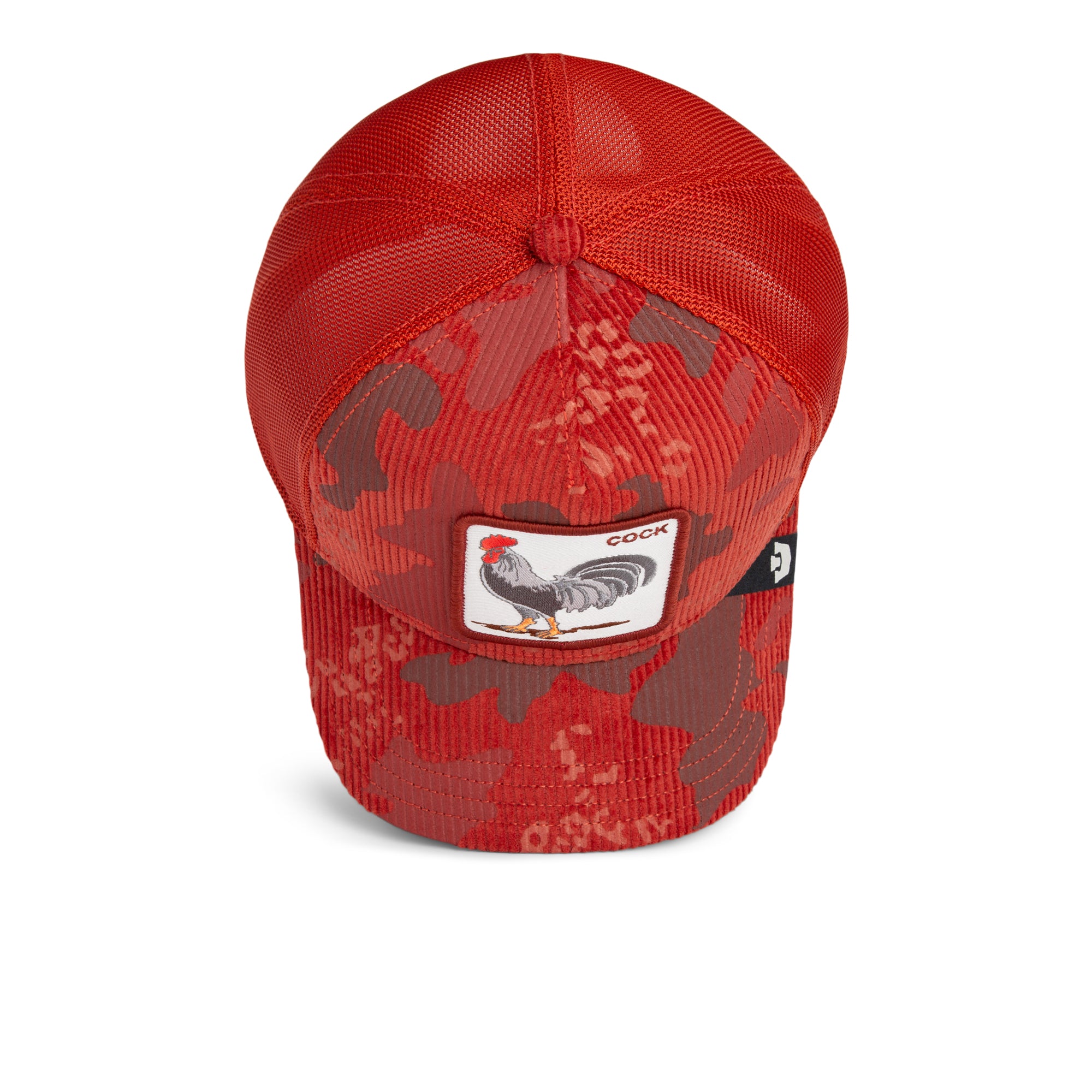 Red camouflage cap with a rooster logo on a white background