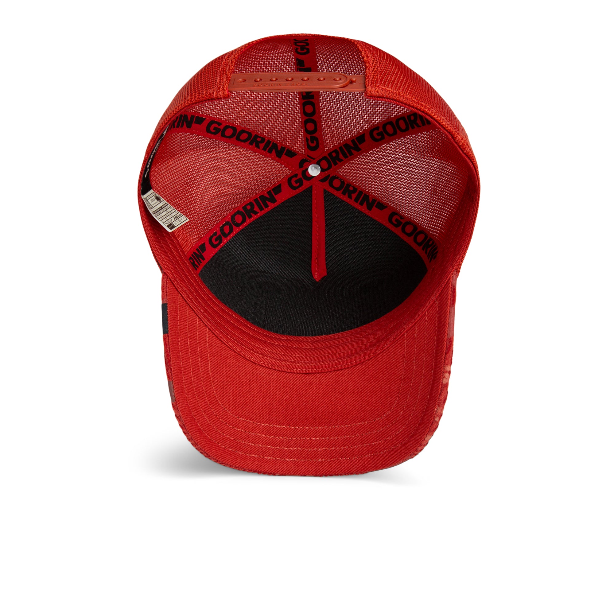 Red cap with black text on a white background
