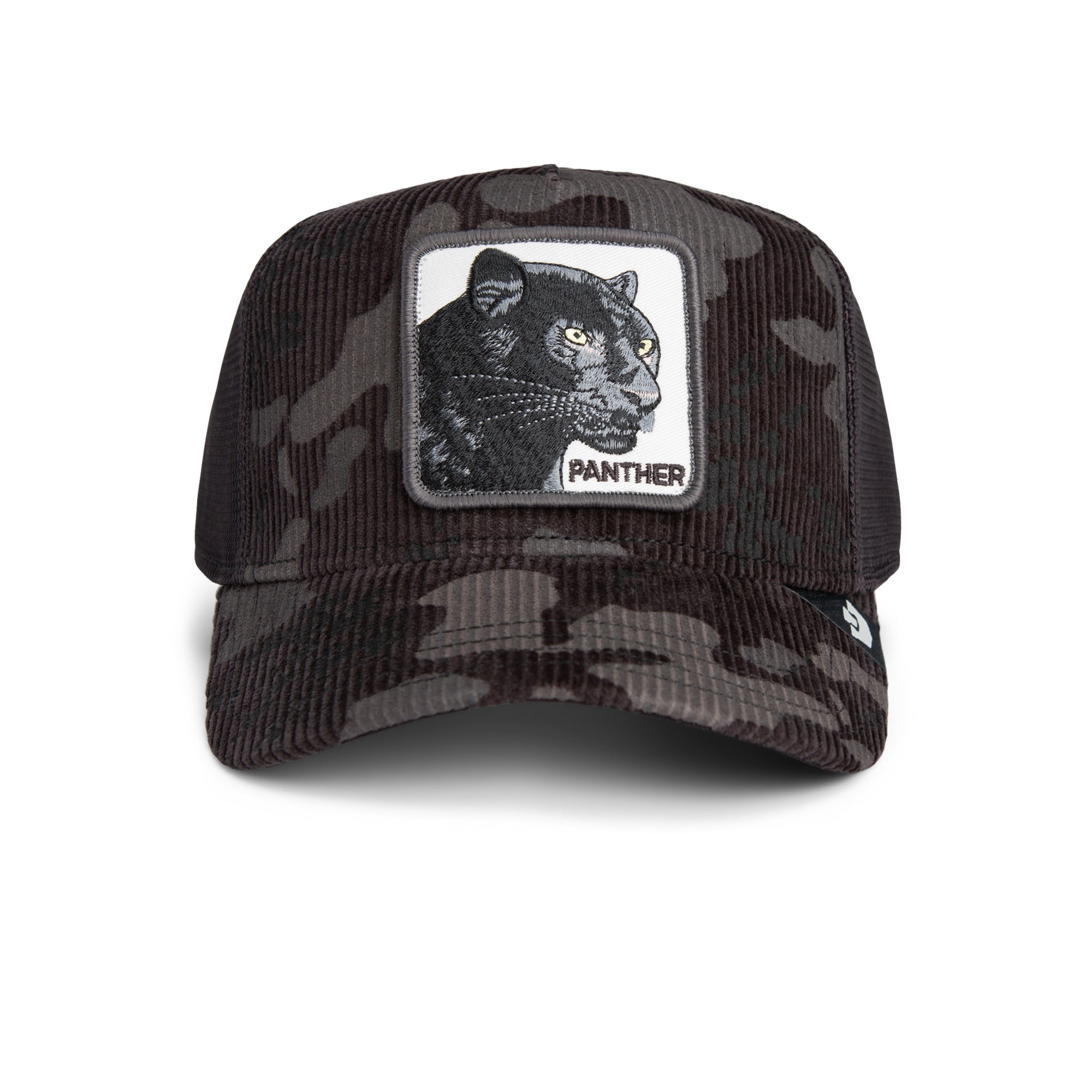 Black camouflage cap with a panther patch on a white background