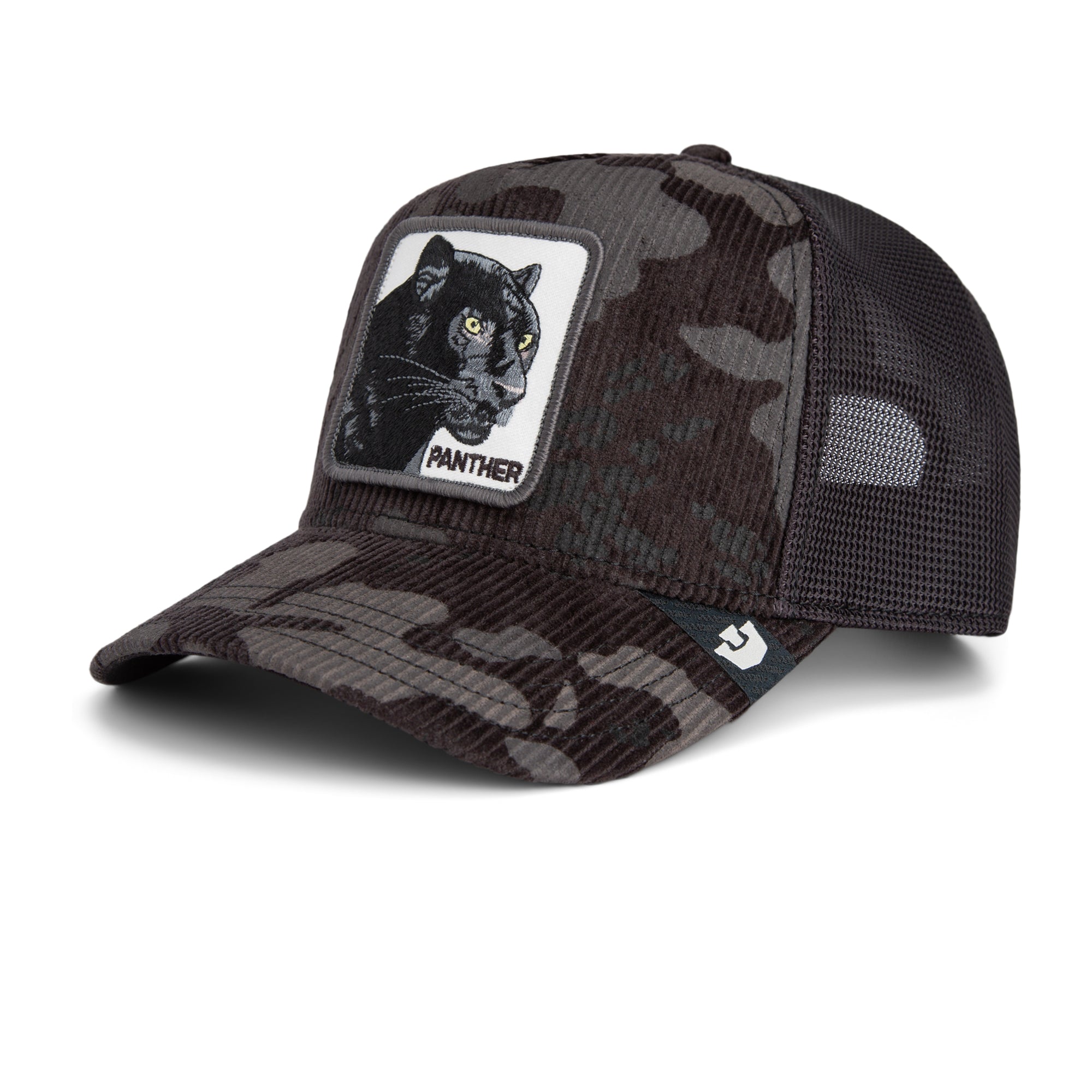 Camouflage cap with a panther patch on a white background