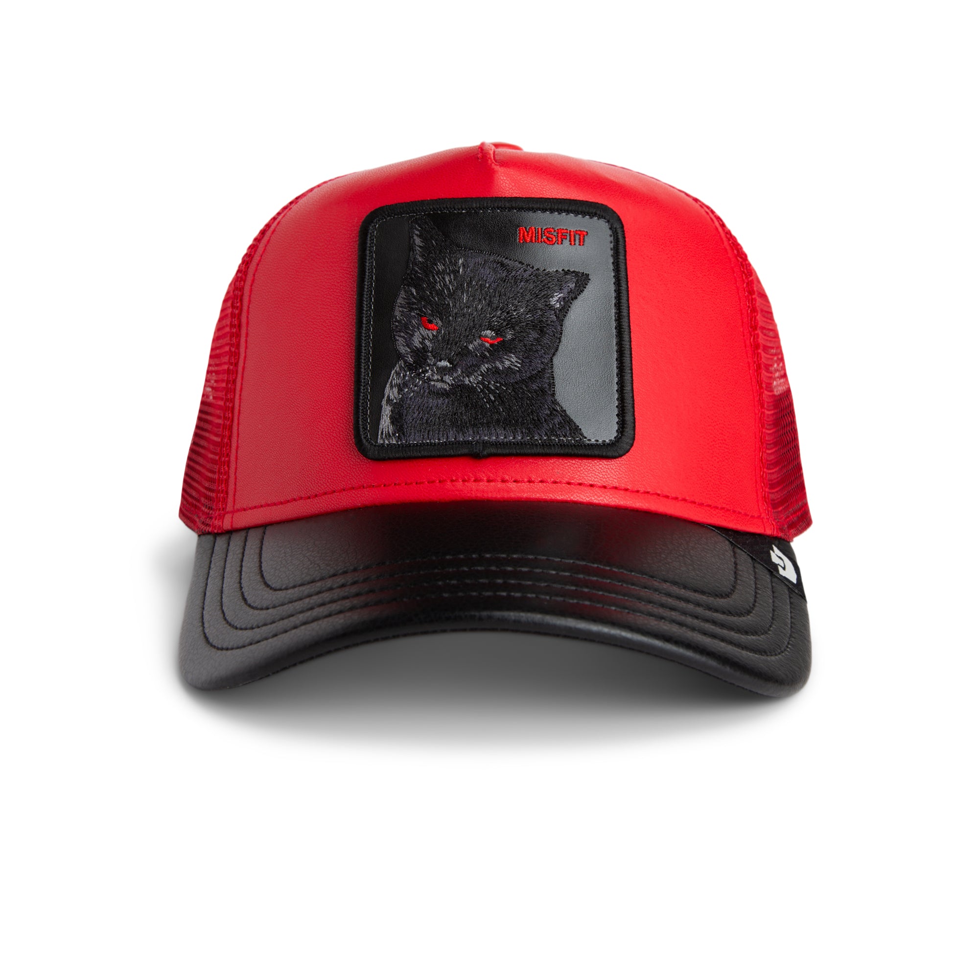 Red and black cap with a black cat patch on a white background