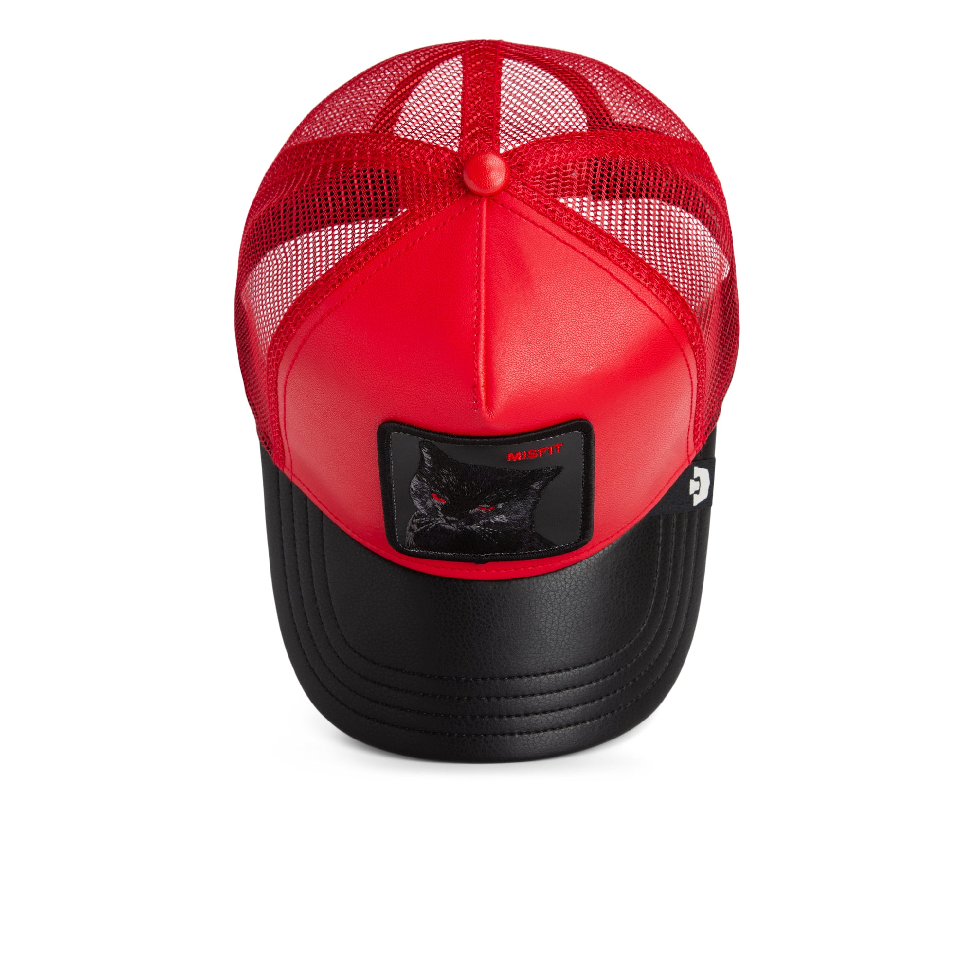 Red and black cap with mesh back on a white background