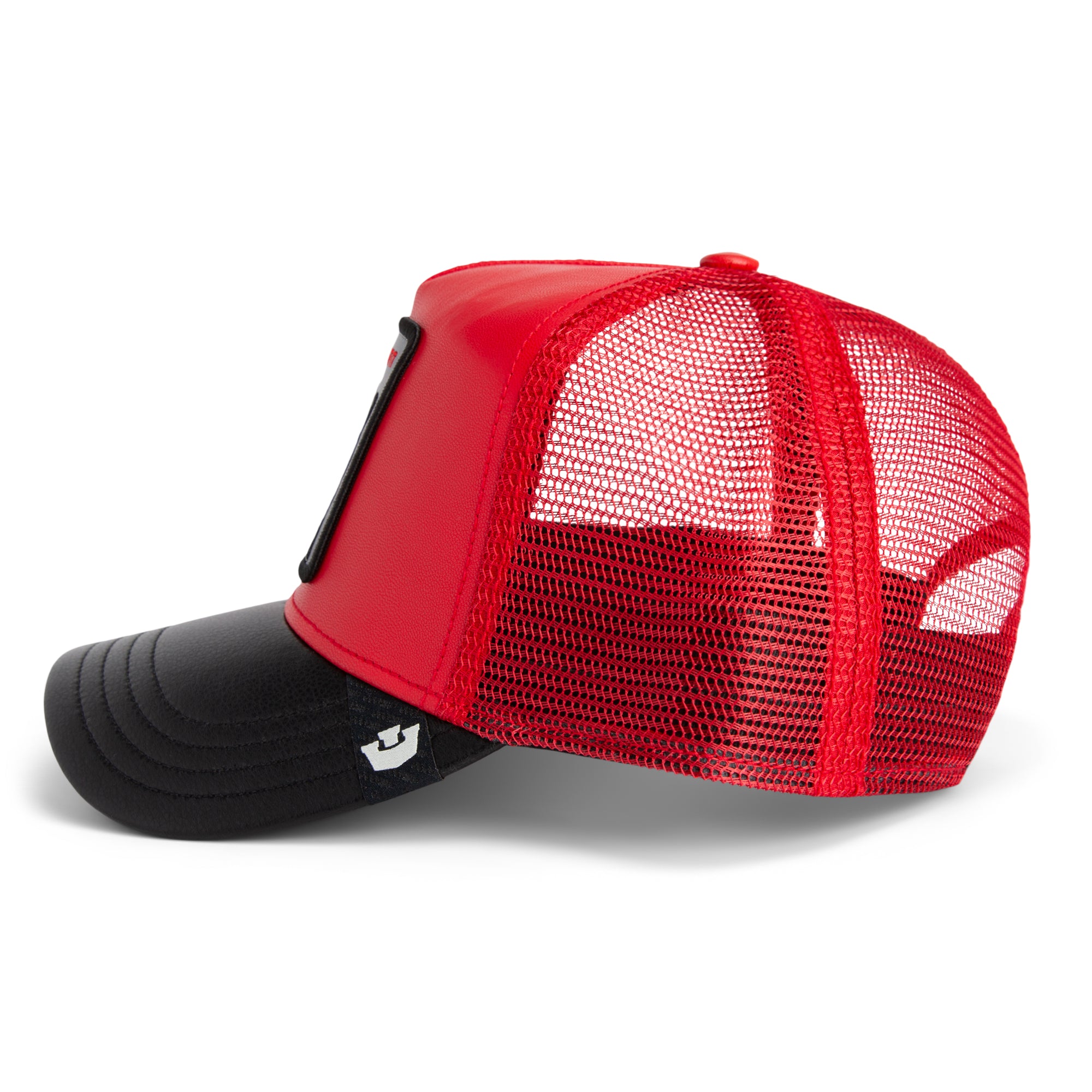 Red and black mesh cap on a white background