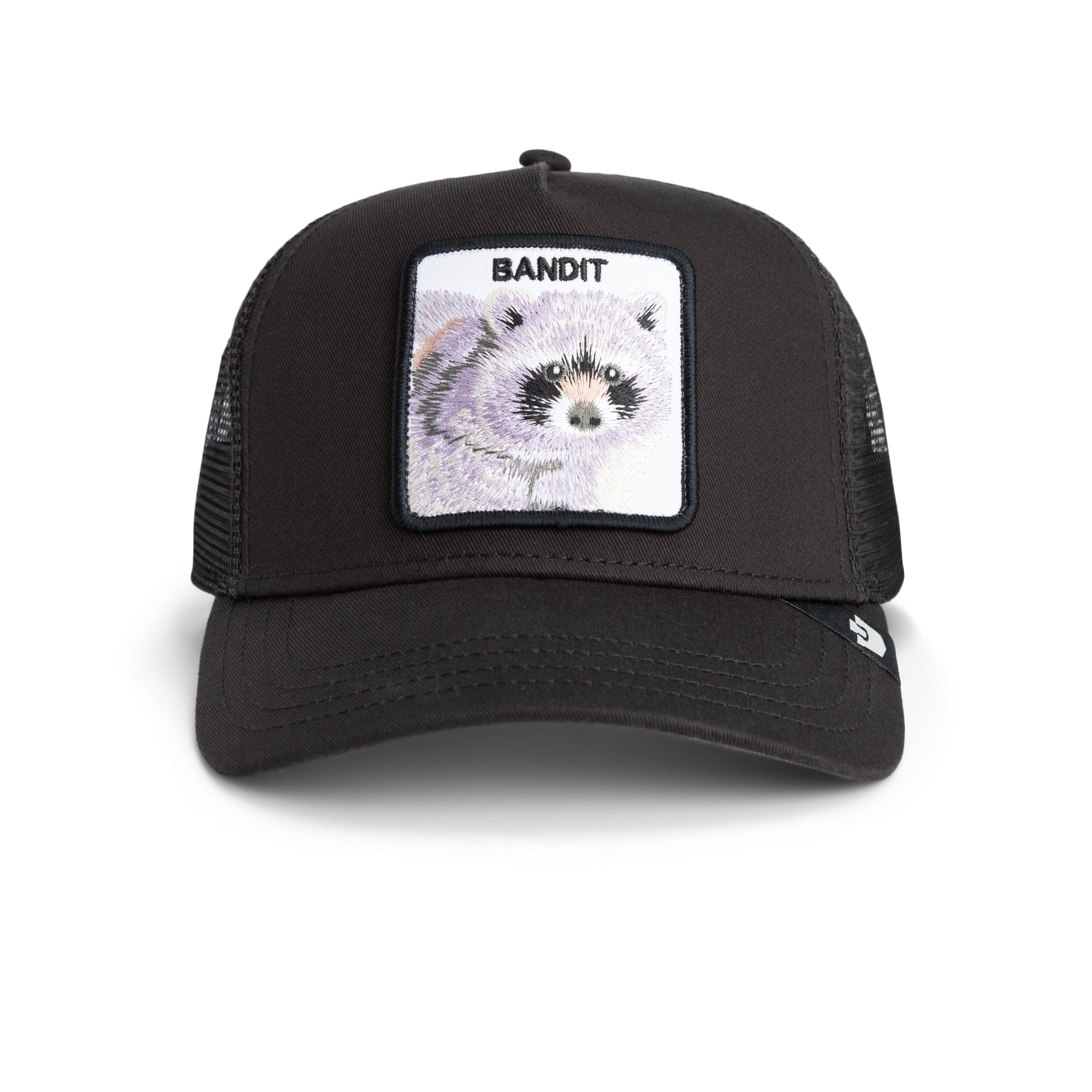 Black Goorin Bros trucker hat with mesh back featuring embroidered raccoon patch labeled BANDIT on front panel