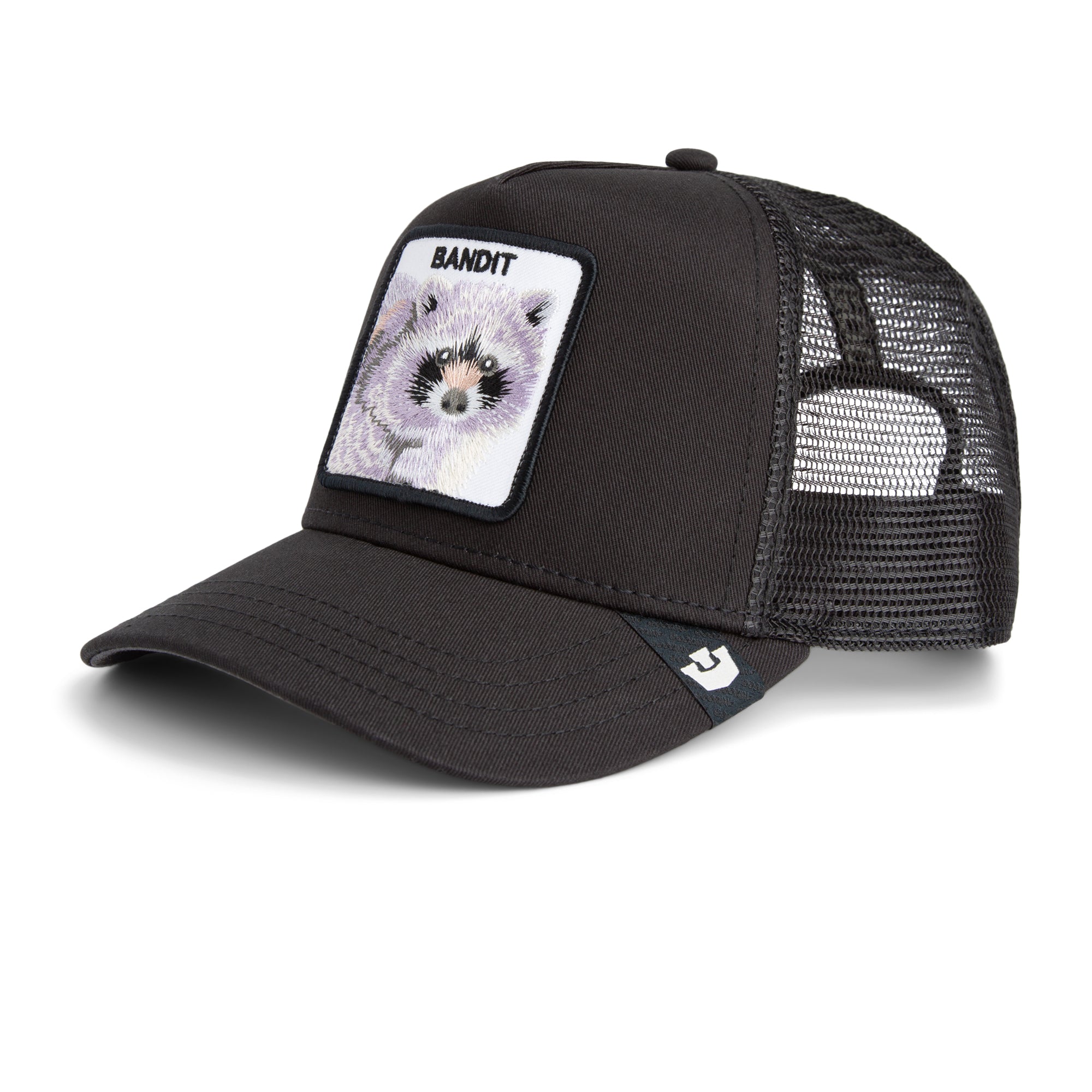 Black Goorin Bros trucker hat with mesh back featuring embroidered raccoon patch labeled BANDIT on front panel